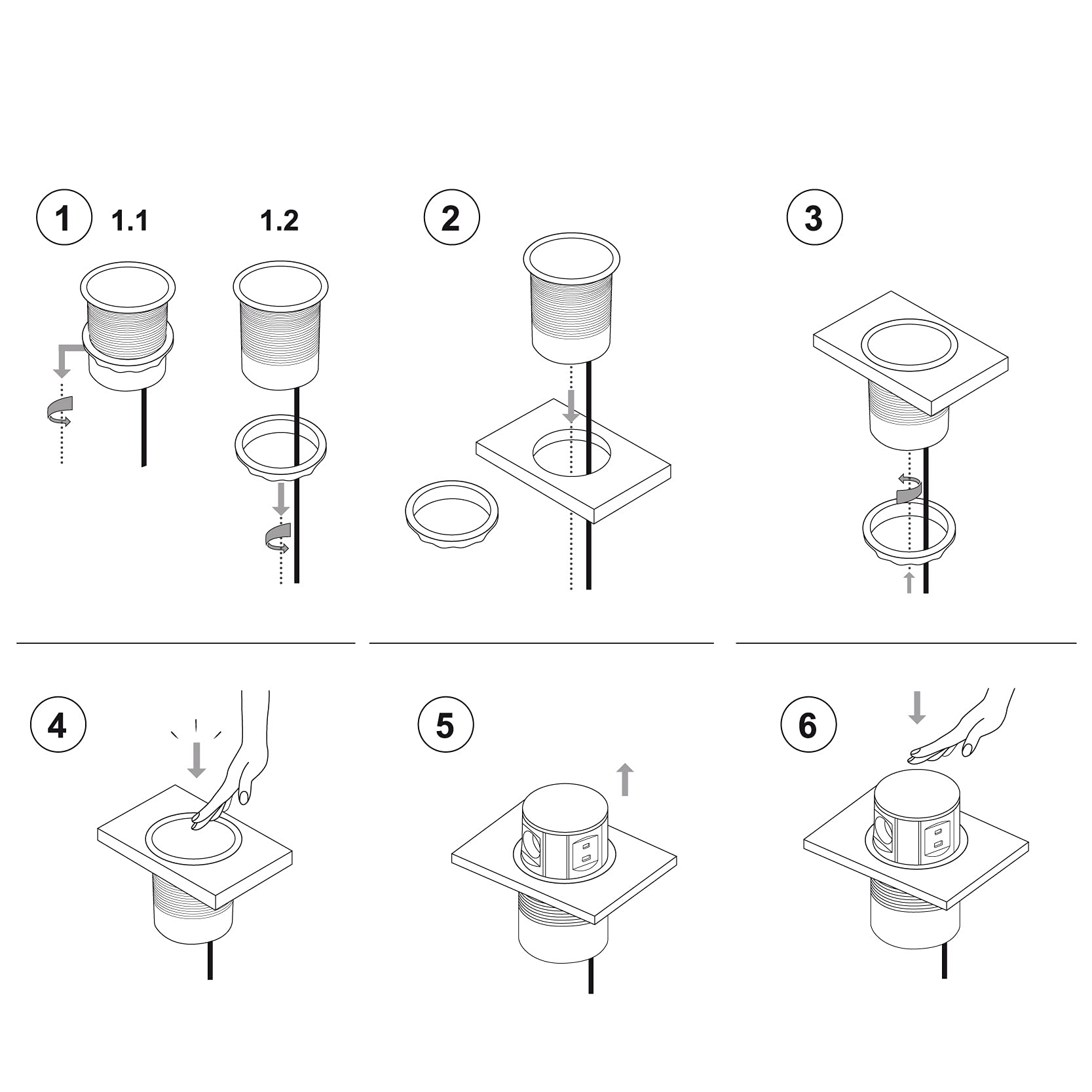 Electraline 35446 - Regleta de enchufes retráctiles (3 16 A, estándar francés, 2 3,1 A, 1 USB Tipo C, 15,5 W, Enchufe empotrable para Cocina, diámetro 120 mm, 2 m, Negro, Vertical