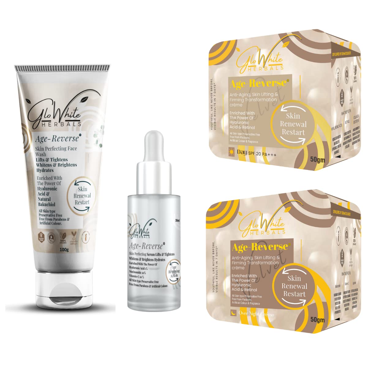 GloWhite Herbals Anti-Aging Skin Care Combo/Set/Regime | Face Wash, Serum, Day Cream, Night Cream Combo | Reduces Fine Lines, Wrinkles, Dark spots, Hyperpigmentation | Replenish Skin Elasticity & Hydrations