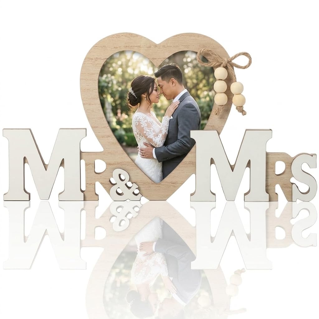 Mr & Mrs Wedding Frame MDF Wood Heart Photo Sign Ornament 25cm