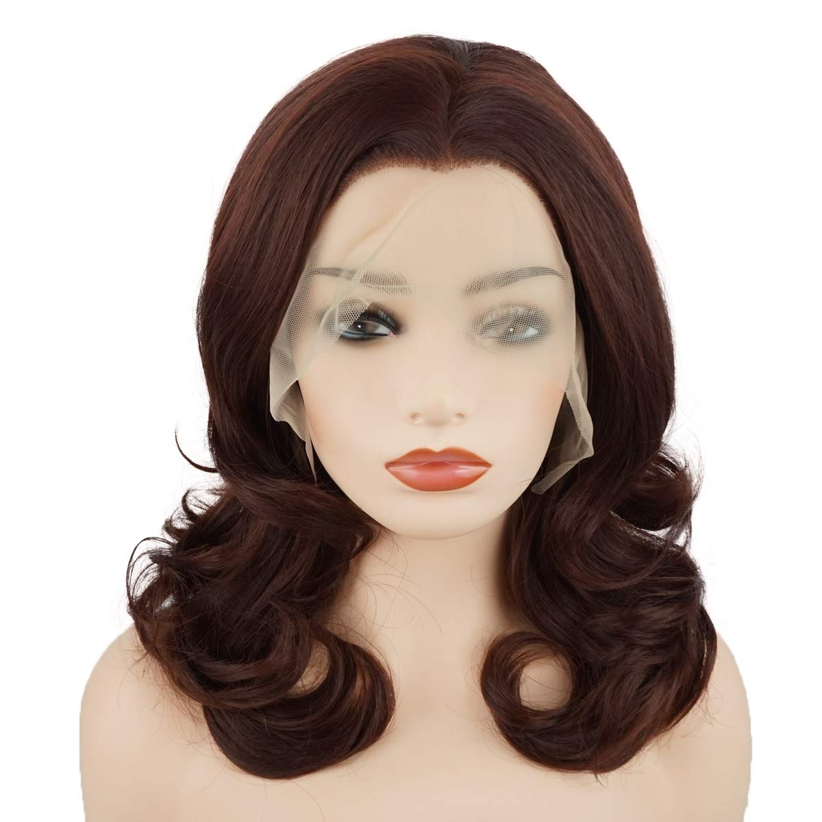 Hair Wavy Shoulder Length 16inch Dark Brown Half Hand Tied Heavy Density Realistic Synthetic Lace Front Wig