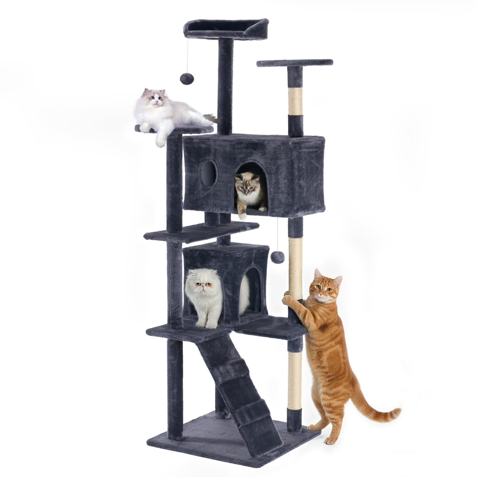Sweetcrispy 80 Inch Cat Tree Tower, Multi-Level with Cat Scratching Post, Indoor Cat Condo with Climbing Ladder, Plush Toy, Play House for Cat, Dark Grey