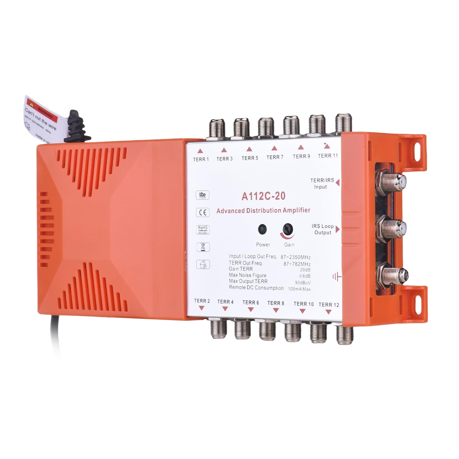 Walmeck Amplificatore di Distribuzione Compatibile IRS, Amplificatore a 12 Guadagna 20 Db per Segnali TV e Radio Deboli, a Basso Rumore, Filtro 4G, Montato a Parete, Loop-Through IRS (Plug 230V)