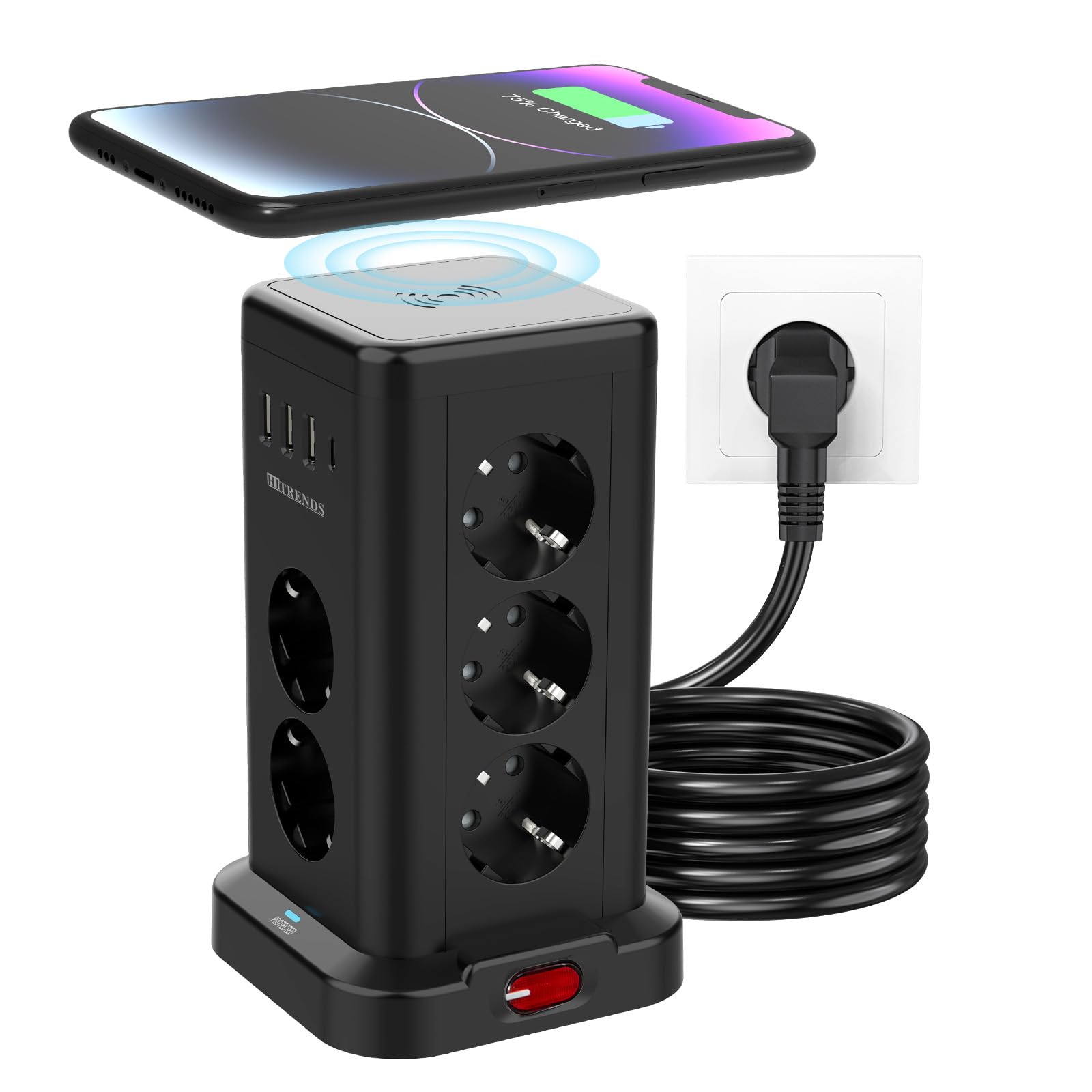 Listwa zasilająca, listwa zasilająca USB, wtyczka Schuko, czarna