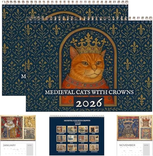Calendrier Mur 2026 Chats Médiévaux Grand Format pour Décorer le Bureau et le Salon 2Pcs