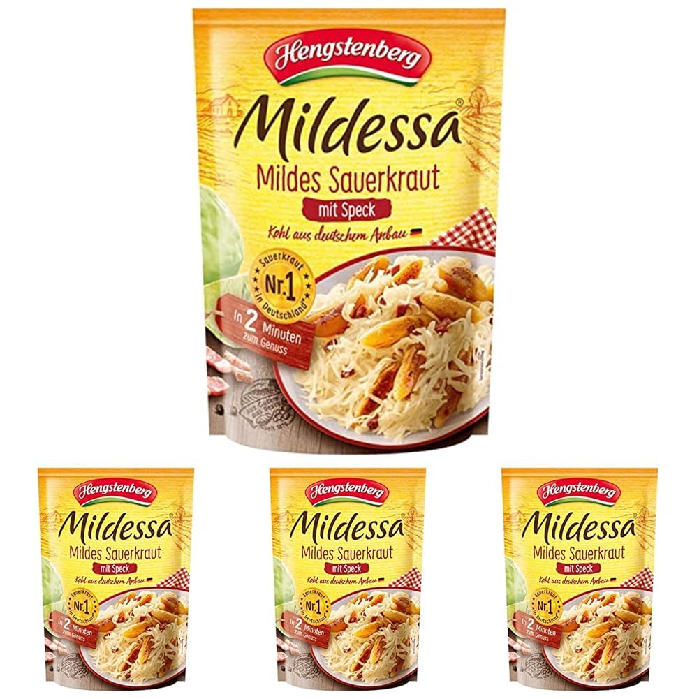 Hengstenberg Mildessa Mildes Sauerkraut mit Speck, 400 g, Abtropfgewicht 350g (Packung mit 4)
