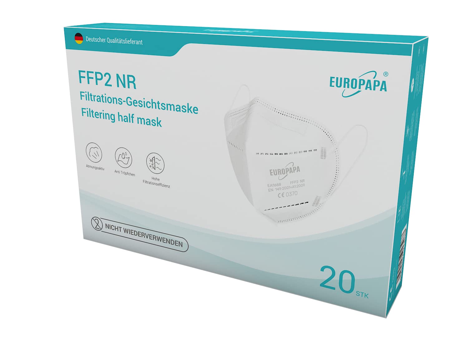 EUROPAPA® 40xFFP2 Weiss Masken Atemschutzmaske 5-Lagen Staubschutzmasken hygienisch einzelverpackt Stelle zertifiziert EN149:2001+A1:2009 Mundschutzmaske EU2016/425