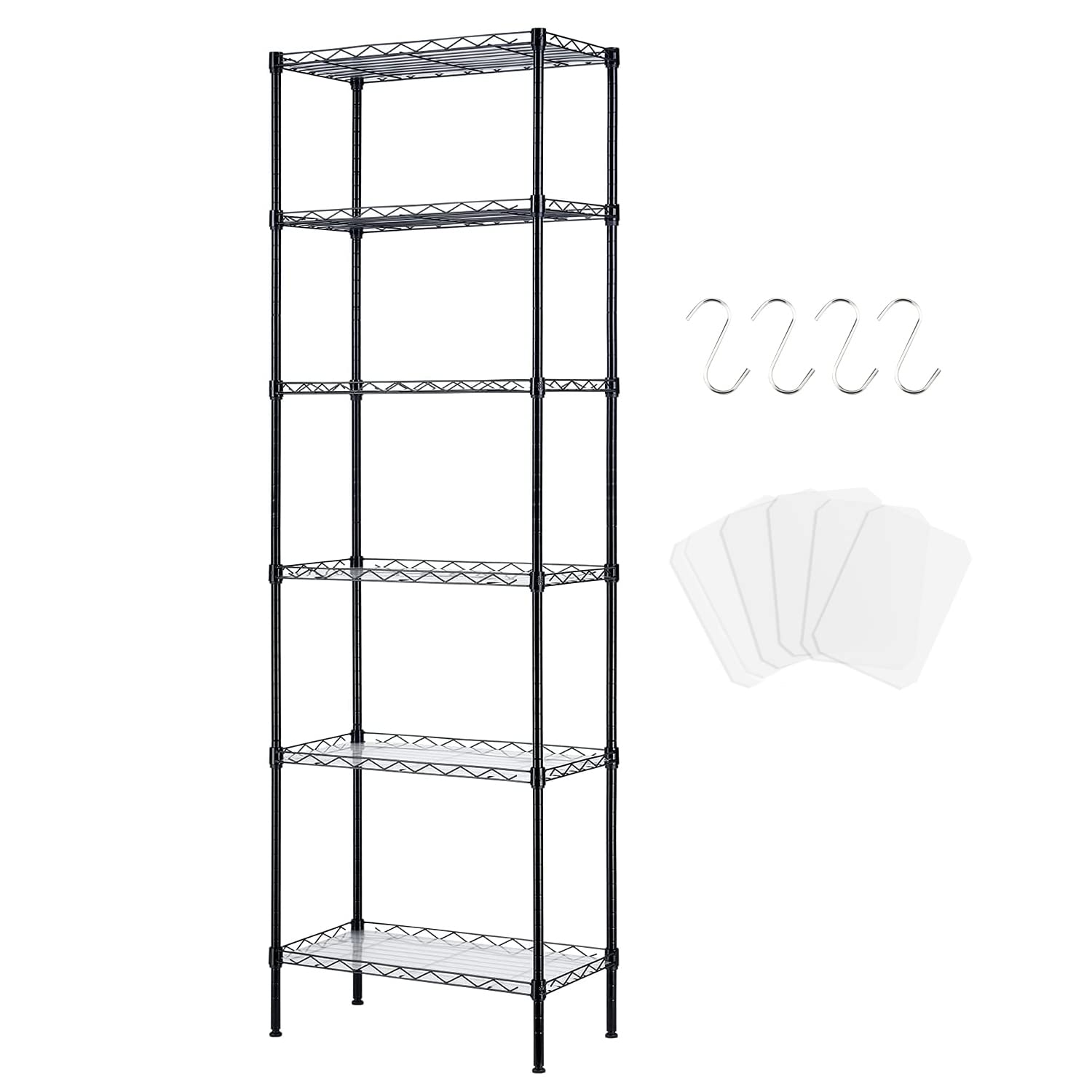 Estanterias almacenaje con 6 baldas,estanteria Metalica con 6 Baldas Ajustables y 4 Ganchos,42 * 30 * 160cm,Negro