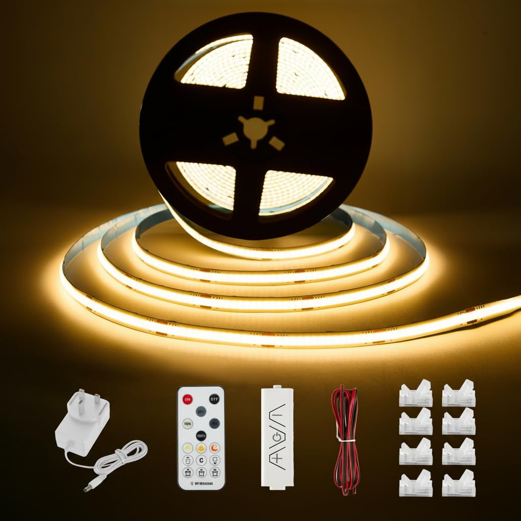 Enteenly COB LED Strip Warm White 10 Meters, Under Cabinet Light Strip Kit with RF Remote Control for Display Case, Kitchen, Desk, Shelf, Cupboard, with 24V Adapter, 2700K