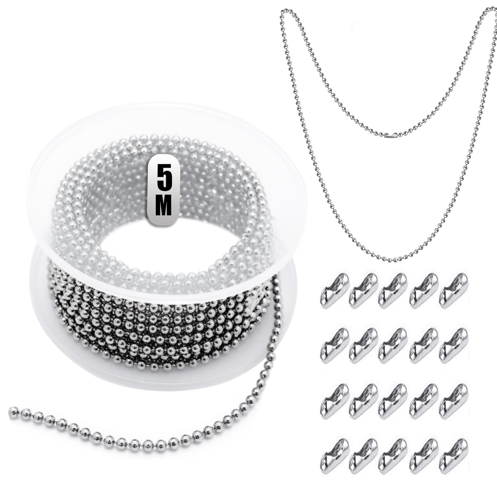 Yeenano 5 Meter Roller Blind Chain,Stainless Steel 3mm Ball Bead Chains with 20 Pcs Matching Connectors,Vertical Blinds Repair Parts,for Roller Blinds,DIY Home&Kitchen Repair,Jewellery Making Chain.