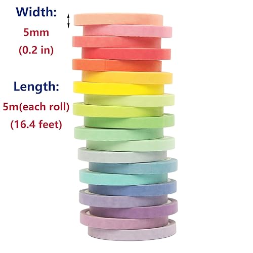 Miniatura 2 de Juego de 20 rollos de cinta adhesiva Washi de 0.197 in, 110 yardas, juego de cintas washi de colores arcoíris pastel de colores delgados y finos,