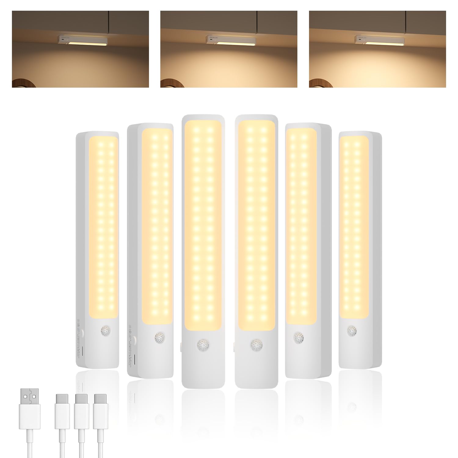 Iluminación LED para gabinete, luz cálida de 8.66 pulgadas, sensor inteligente sin perforaciones, luces recargables para armario, cocina, escalera (6 piezas)