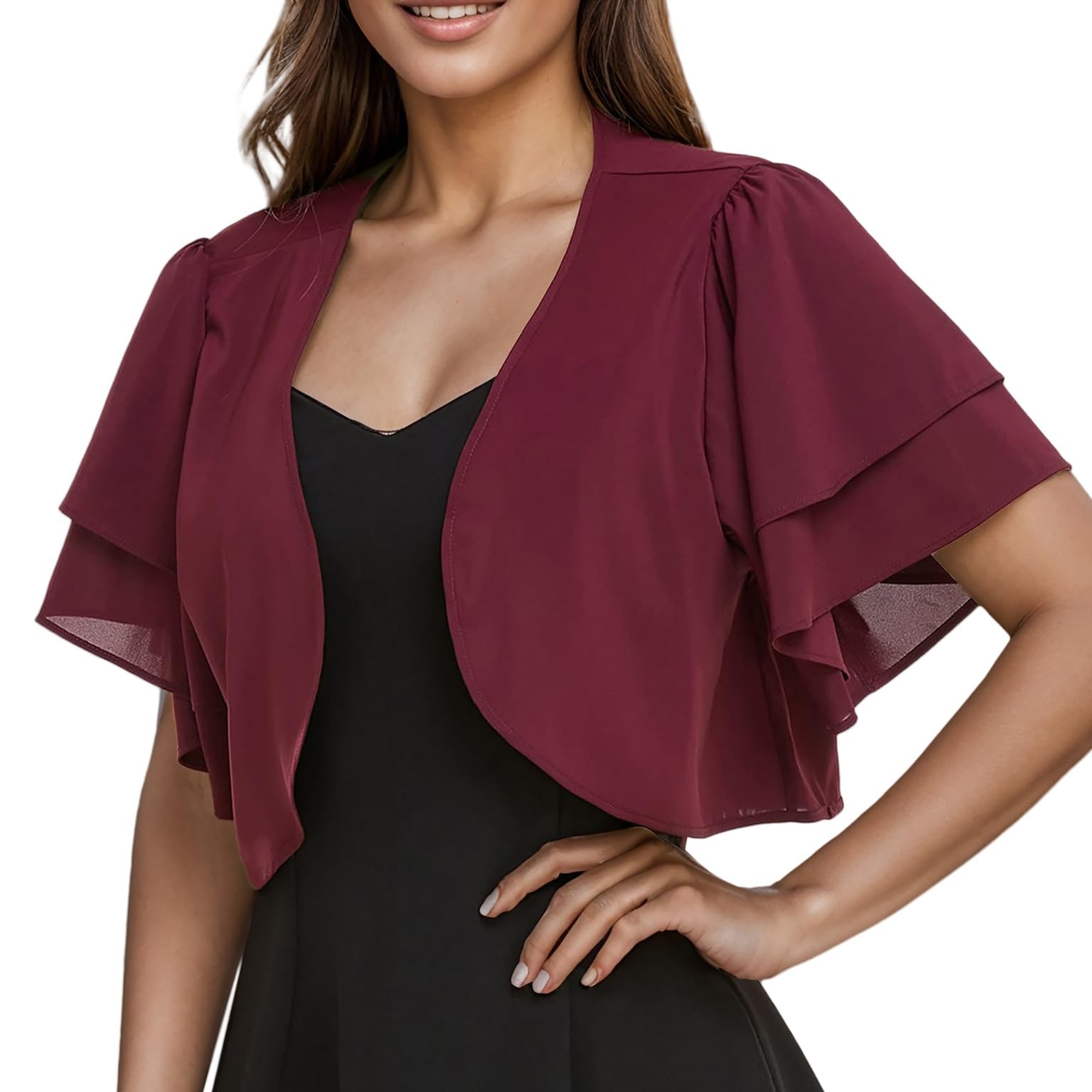 CuLtP Women's Chiffon Shrug Cropped Bolero Light Jacket Summer Sheer Cardigan Double Layer Ruffle Short Sleeve Blouse Evening Dresses Shawl Cover Ups Burgundy XXL