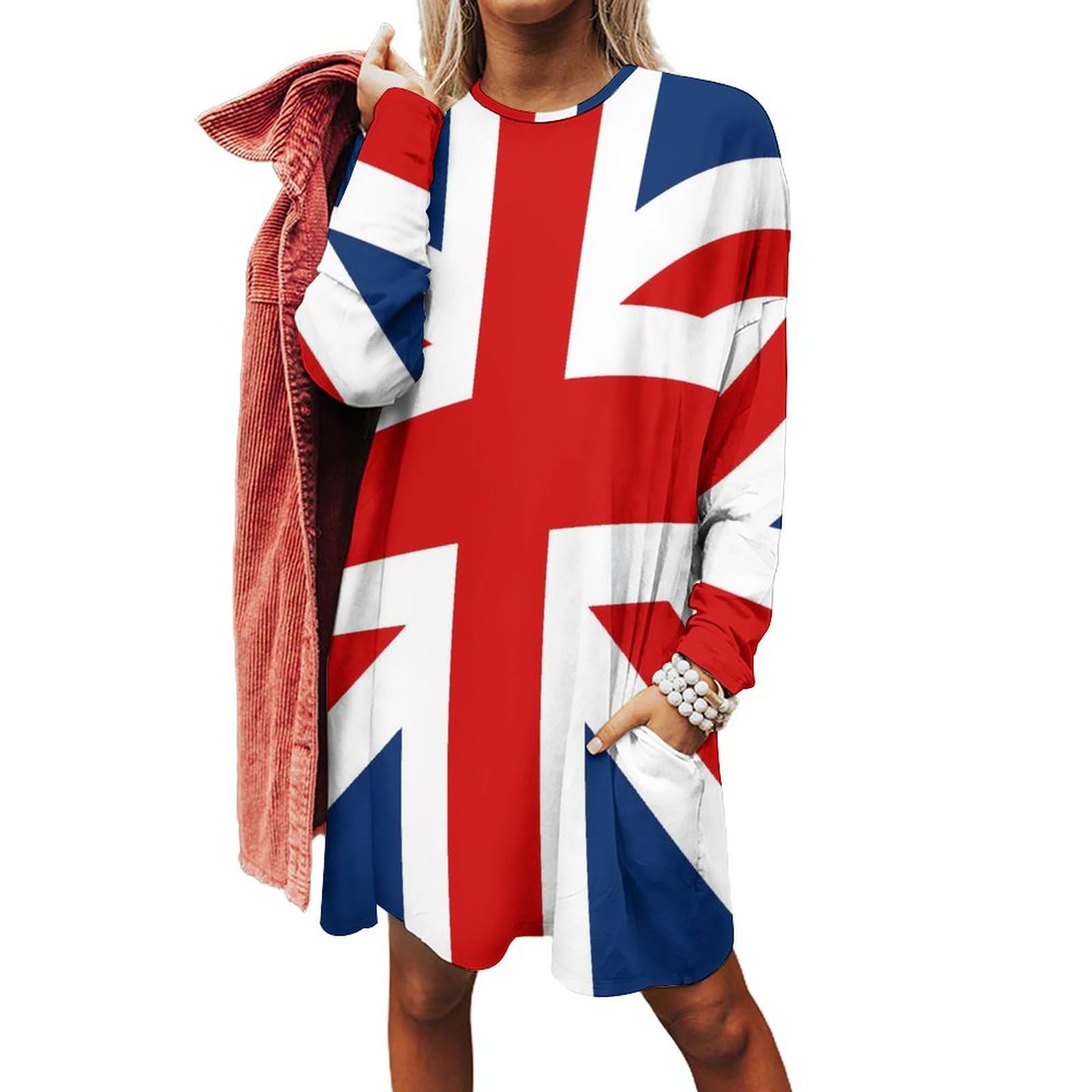 British Flag Mini T Shirt Dresses Oversized Sweatshirt for Women Long Sleeve Crewneck Tops Blouses XL