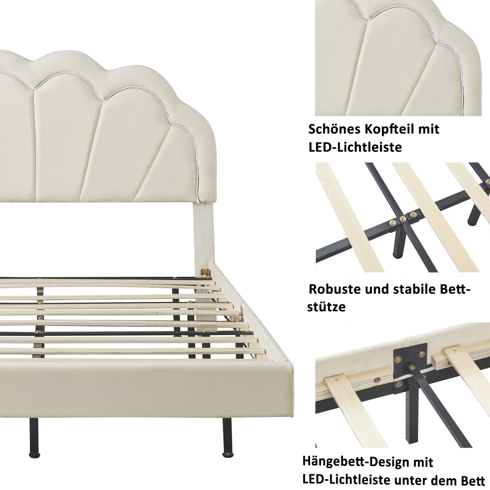 Polsterbett Doppelbett 140x200 cm für Mädchen, Mädchenbett Jugendbett, Gepolsterter Schwebender Bettrahmen mit LED-Lichtleisten und Kopfteil in Blumenform, Samtstoff,Beige
