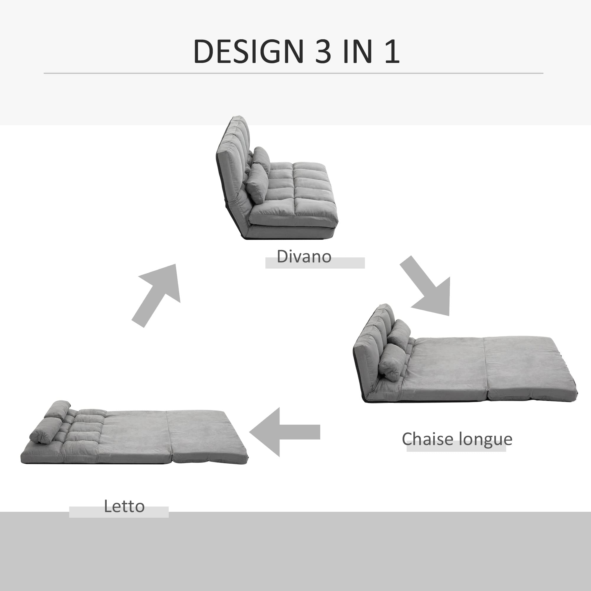 HOMCOM Divano Letto Moderno 2 in 1, Schienale Reclinabile su 7 Livelli e Cuscini, Divano per Soggiorno per TV, Giochi, Lettura, Yoga, Ufficio, 130x73x60 cm, Grigio Chiaro