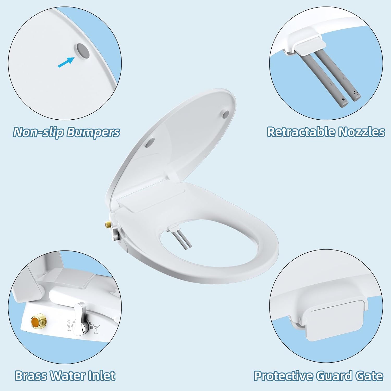 Hibbent Round Bidet Toilet Seat with Slow Close, Non-Electric Bidet Attachment for Toilet Seat with Dual Nozzle, Bidet Sprayer with Adjustable Self-Cleaning Nozzles, Brass T Adapter