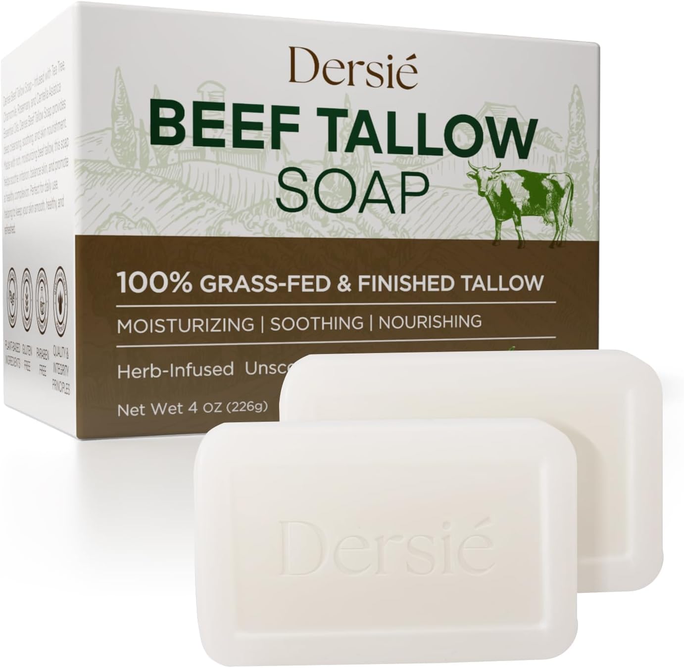 Beef Tallow Soap Bar for Skin: Organic Beef Tallow Soap for Face & Body with 100% Grass-Fed & Finished - Gentle Moisturizing Body Wash for Dry, Sensitive, and Normal Skin - Unscented (4 oz / 2-Pack)
