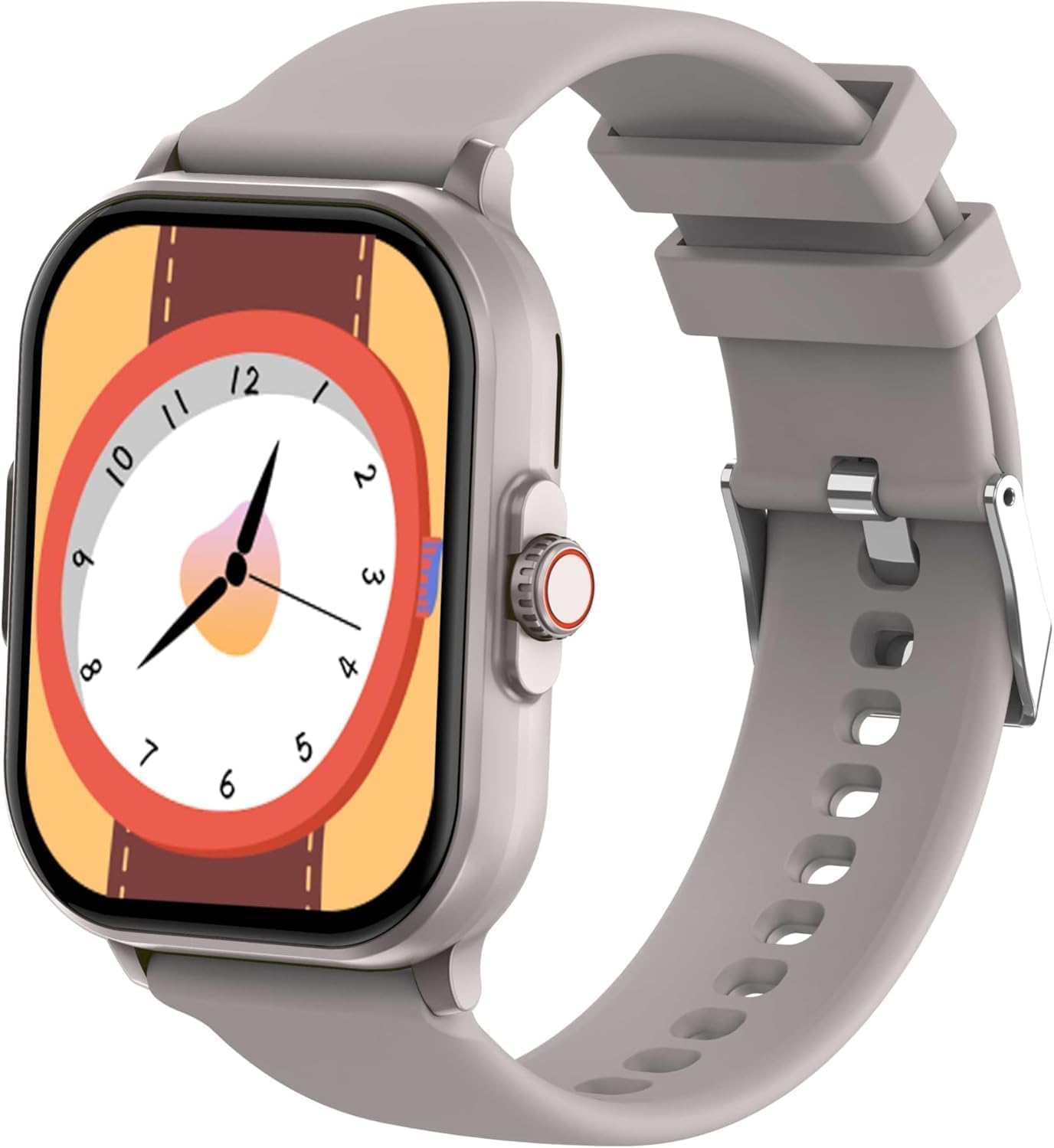 YYKY Smartwatch with a grey strap and a digital clock face displaying analog time.