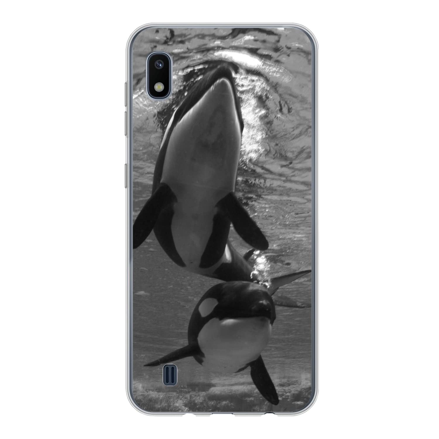 MuchoWow Funda para Samsung Galaxy A10 - Dos orcas bajo el Agua - Blanco y Negro - Funda de Silicona/Funda Blanda para teléfono móvil