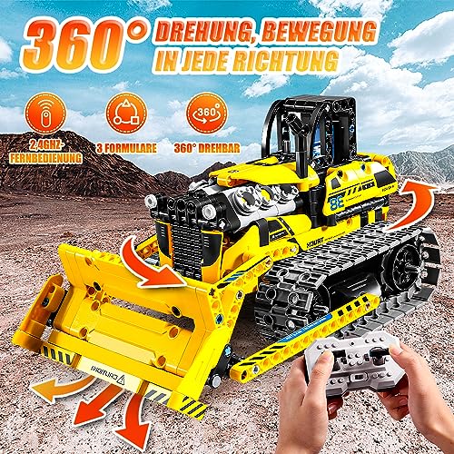OKKIDY 3-in-1 Technik Bulldozer, RC Muldenkipper & Baustellenauto - 452 Teile Bauspielzeug für Kinder 6-12+ Jahre Inkl. 2.4 GHz Fernsteuerung Jungen & Mädchen, SJMC-8038