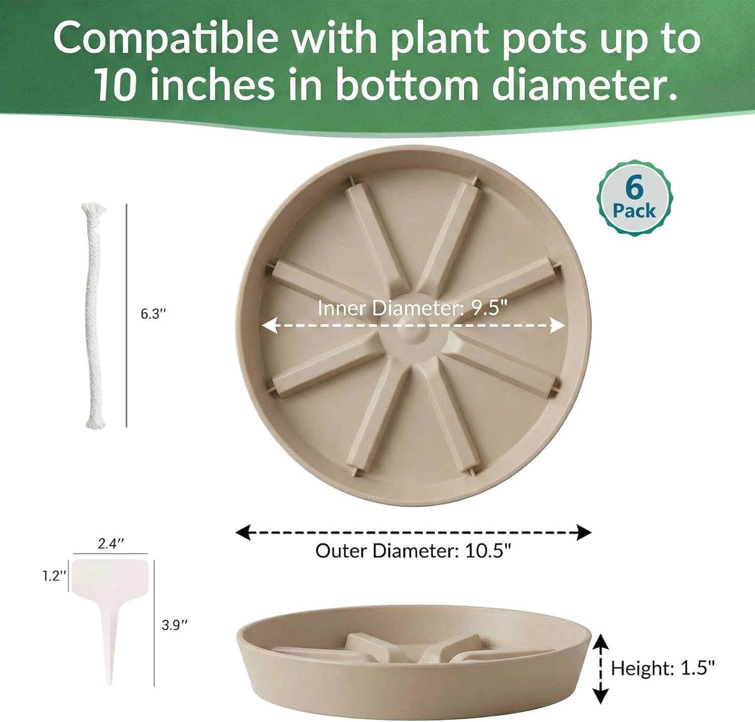Plant Saucers 6 Pack - 10 Inch Heavy-Duty Plastic Plant Trays, Raised Ridge Design Plant Drainage Saucers for Indoors & Outdoor Use, Leak-Proof Flower Pot Trays to Protect Floors (10 in)
