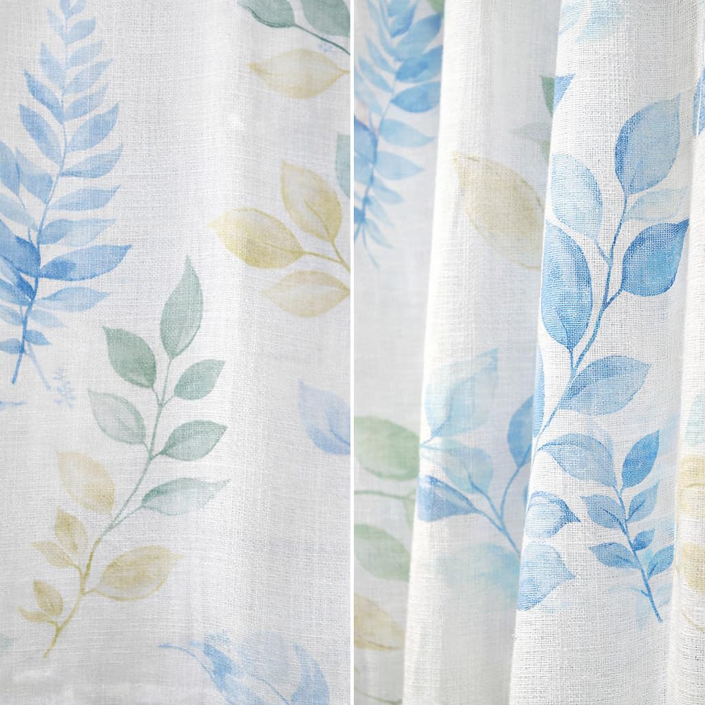 Home Tresor - Coppia Tende a Vetro | Tendine per Interni Primaverili Estive Stampa Foglie Floreale per Finestre e Porte, Cucina, Bagno,Soggiorno Mod. ARISTEA - 60x240 cm, Azzurro/Verde
