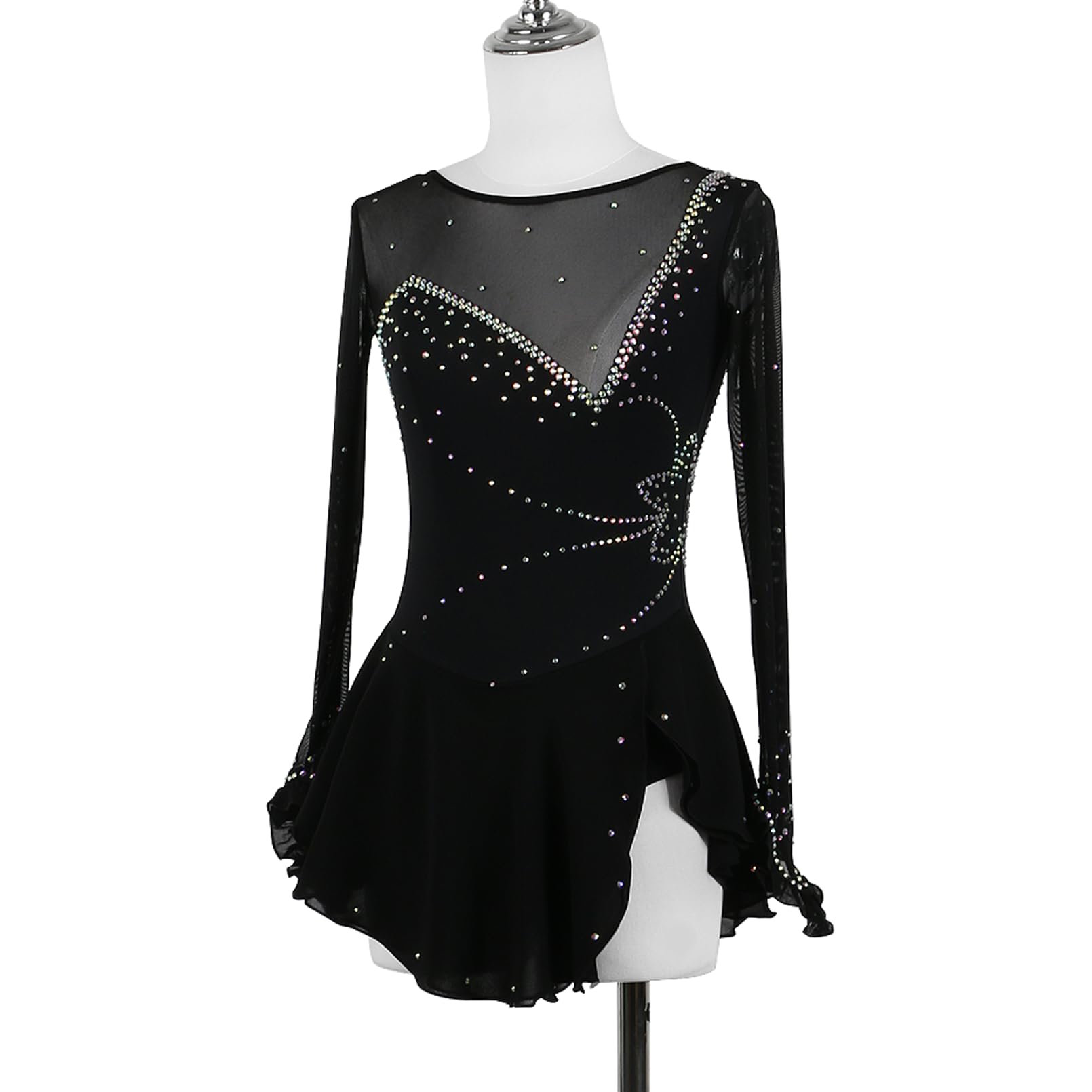 Eiskunstlauf Kleid Schwarz Frauen Mädchen Strass Eislaufen Kleid Langärmelig Figureskates Gymnastik Kürkleid
