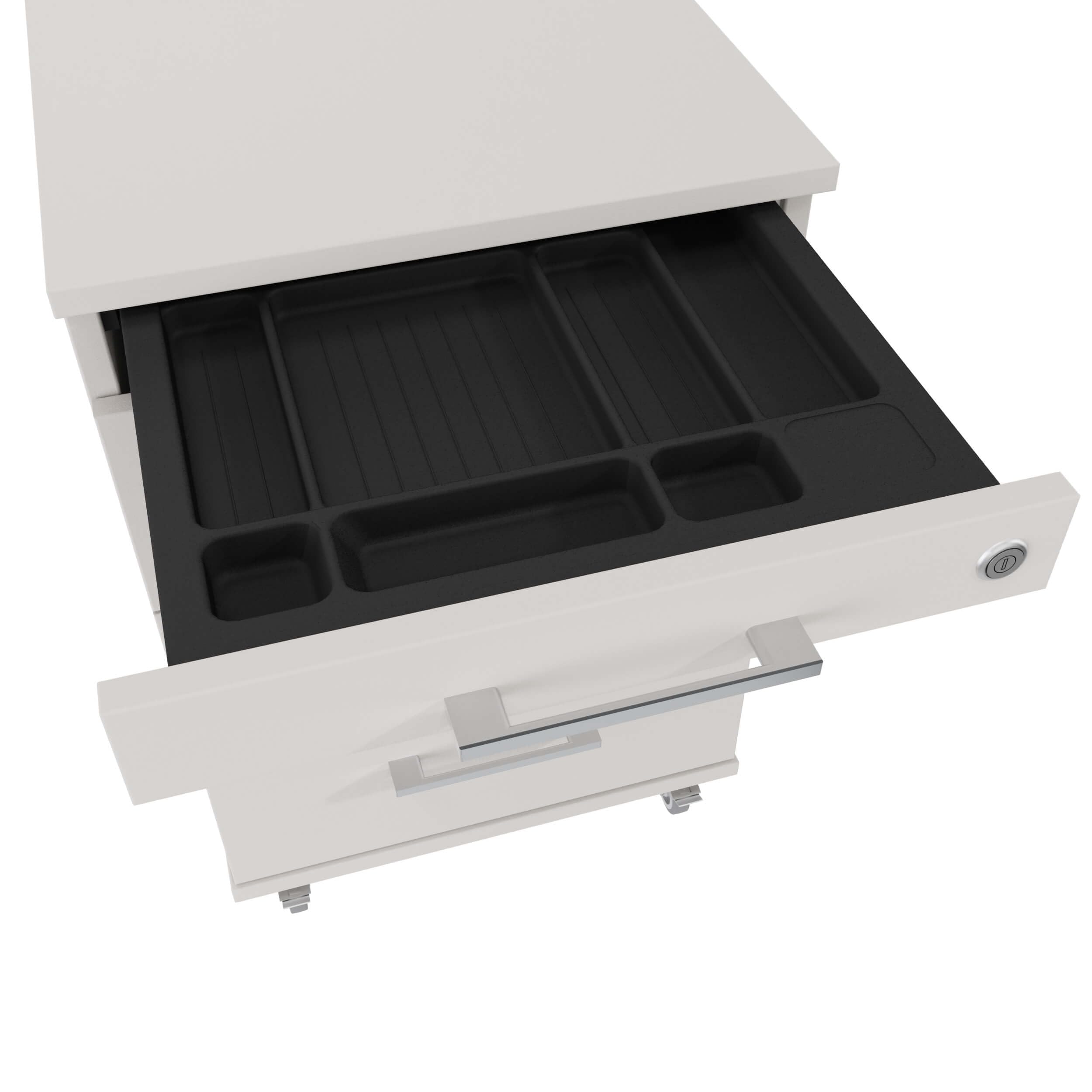 Eigentlich Rollcontainer mit 3 Schubladen und Materialauszug, Büroschrank rollbar B43 x T60 x H65 cm versch. Farben, Schreibtischunterschrank abschließbar, hauseigene Fertigung (Lichtgrau)