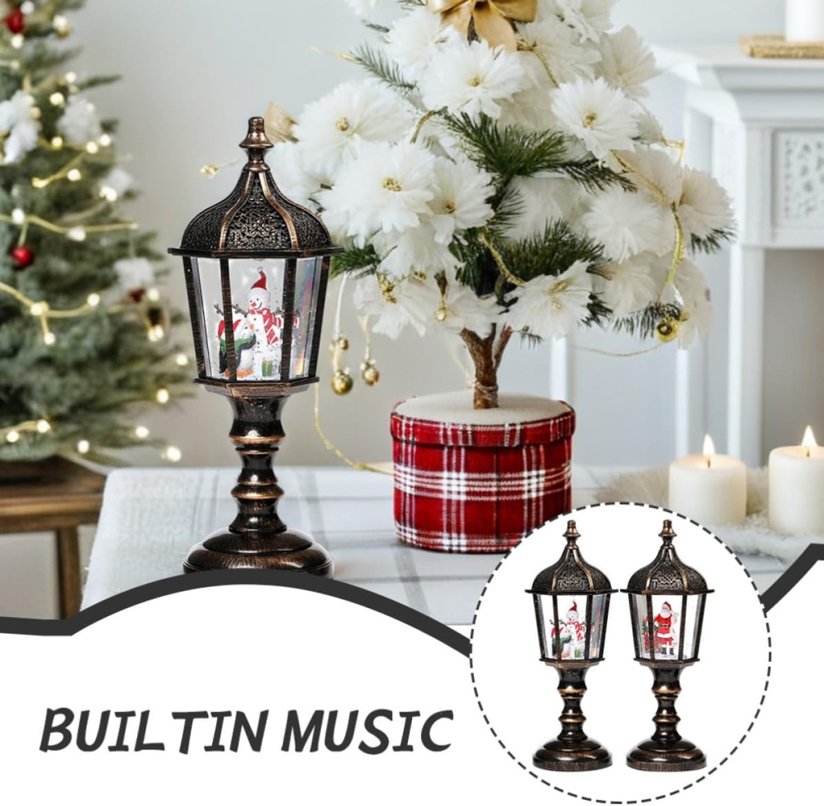 2pcs Musical Snow Globe Lantern Resin Christmas Decorative Light | Waterfilled Pvc and Resin Build, Office Decor, Festive Table Centerpiece