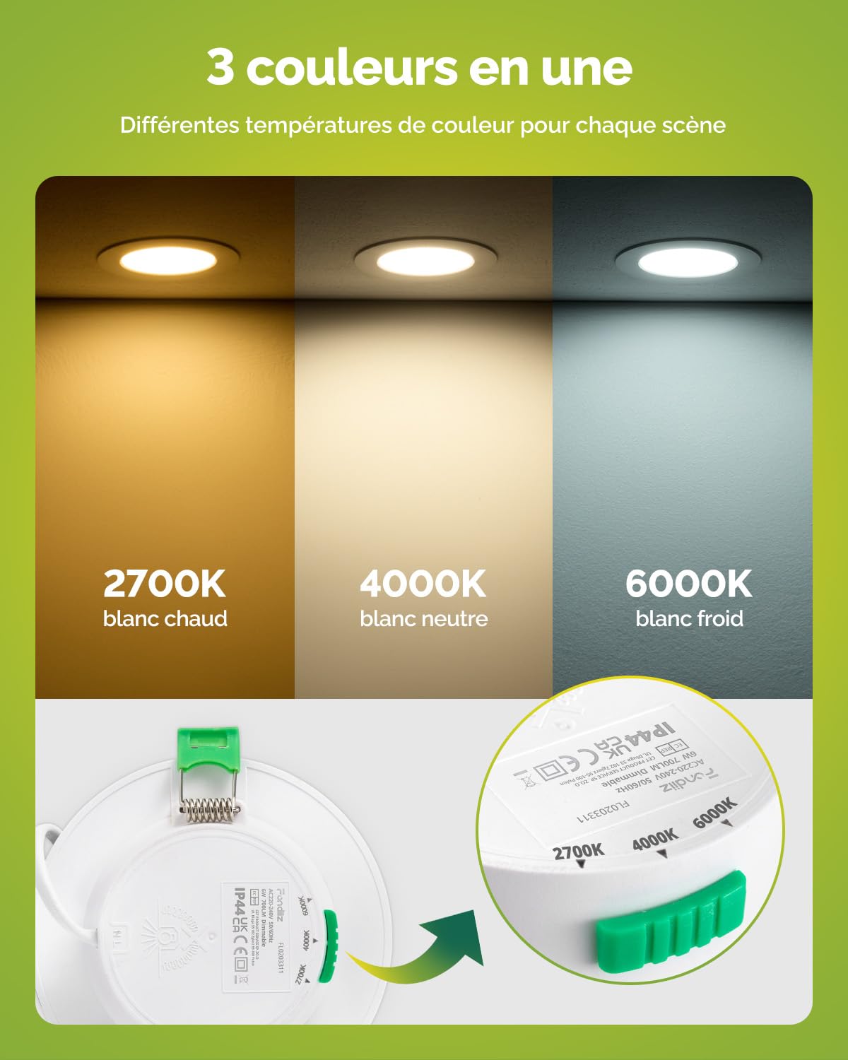 Lot de 12 Spot LED Encastrable 6W 220V, Blanc Chaud 2700K Blanc Neutre 4000K Blanc Froid 6000K Réglable, IP44 Salle de Bain