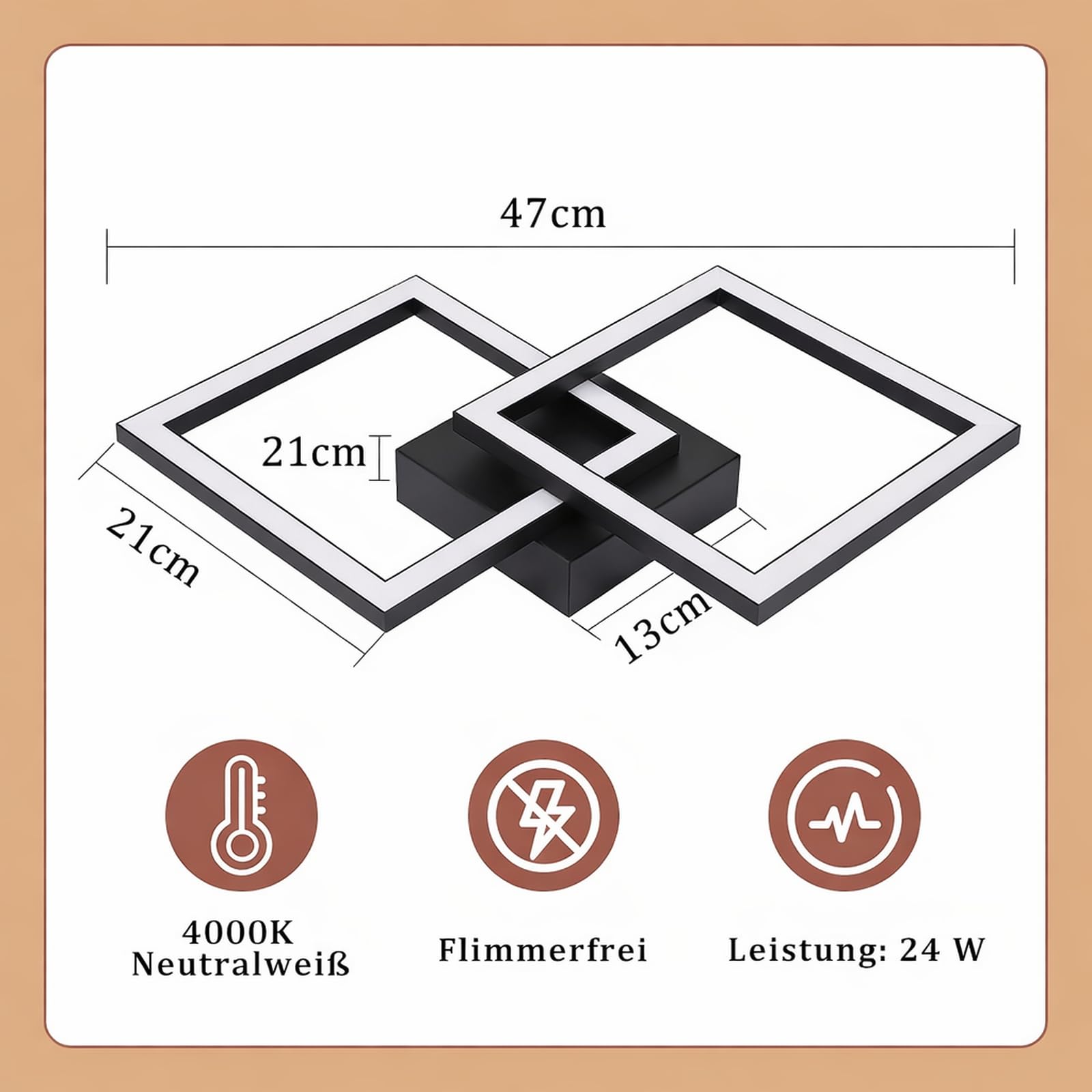 Homefire Plafonnier LED Cuisine 24W 4000K Luminaire Cuisine Plafond Noire | Plafonnier Salon Design Moderne Plafonniers Chambre métal Lampe de Salon Carré Eclairage de Lampe Plafond pour Couloir Bureau