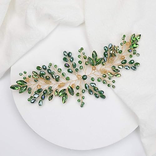 Miniatura 6 de Accesorio de pelo dorado hecho a mano para novia, diadema de diamantes de imitación esmeralda, diadema de cristal verde, bandas de pelo de boda