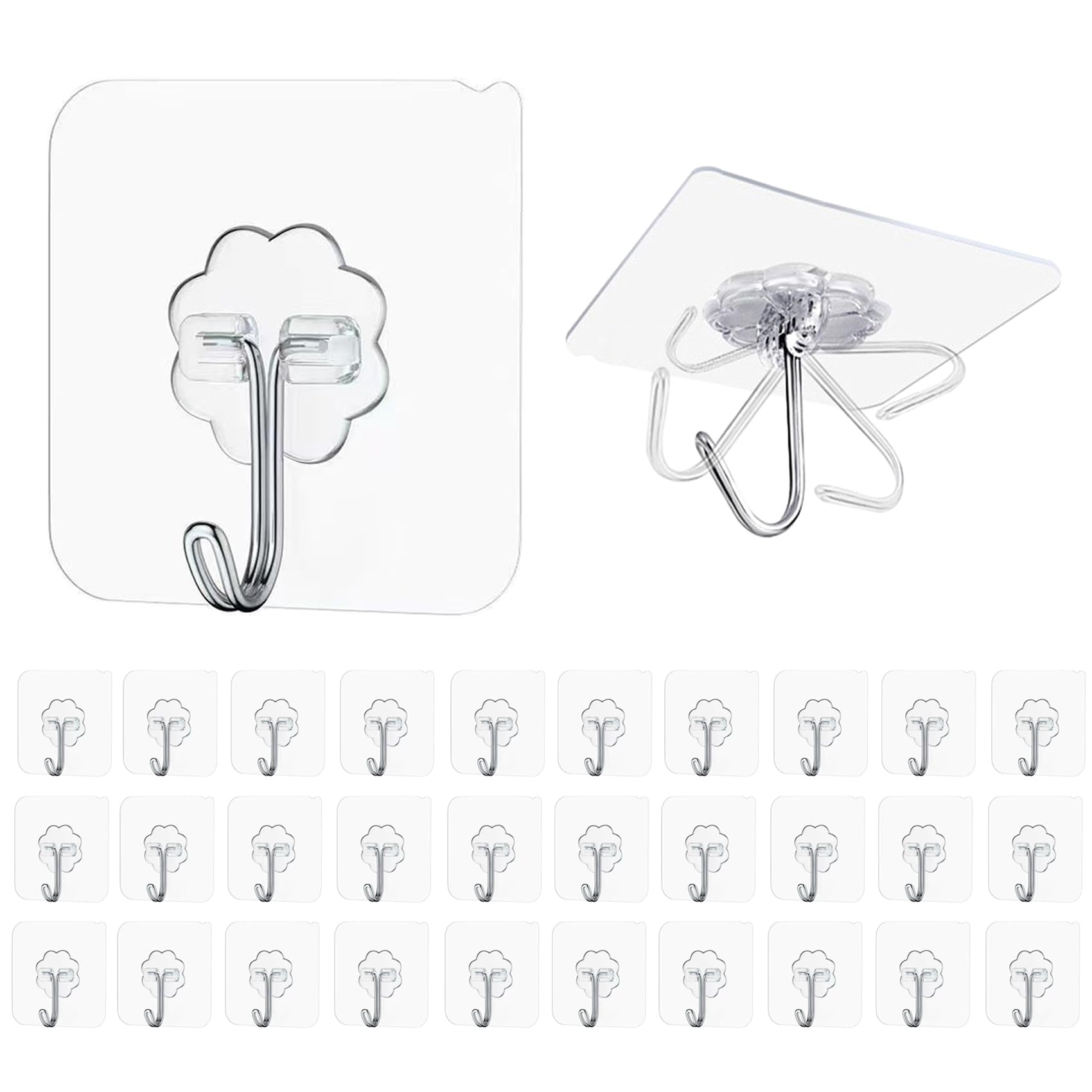 Maykafay Self Adhesive Hooks Heavy Duty Wall Hooks 30 Pack, 22lb Max Wall Hooks, Transparent Sticky Hook for for Kitchen, Bathroom, Office, Closet, Hanging Coat Cloth Towel Key Decorations