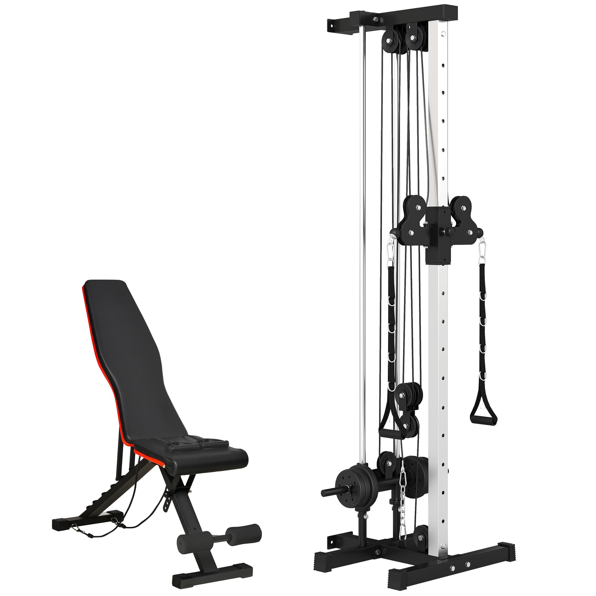 SPORTNOW Station à Poulie Murales 15 Positions + Banc de Musculation Pliable, Ensemble Gym Complet pour Haut du Corps et Abdos, avec Coussin Rembourré, 62x60x200cm, Noir