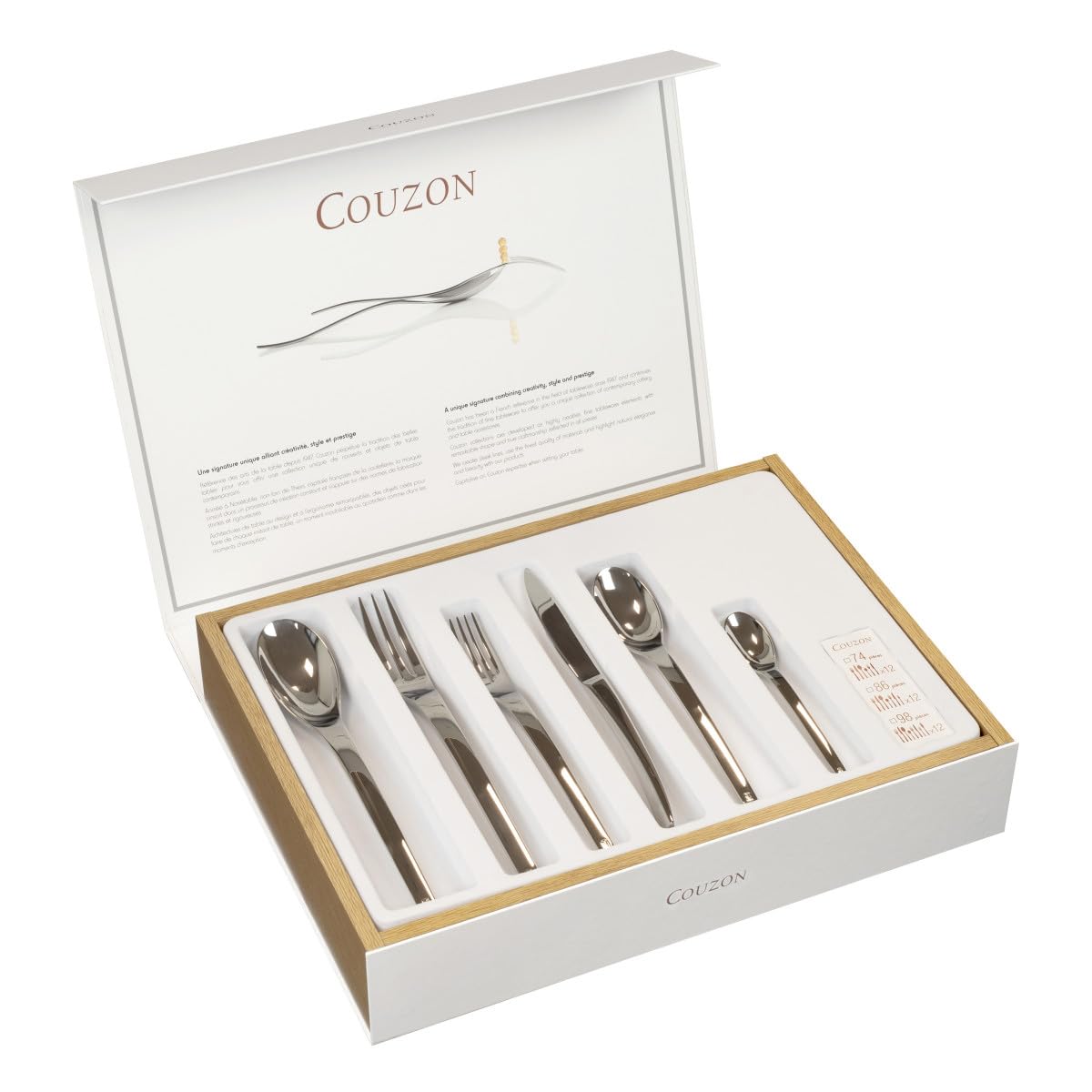 COUZON - Ménagère 50 couverts de table en coffre bois pour 12 personnes - J'aiGoûté - Acier inoxydable 18/10, Finition Miroir, Epaisseur 4 mm - Inox