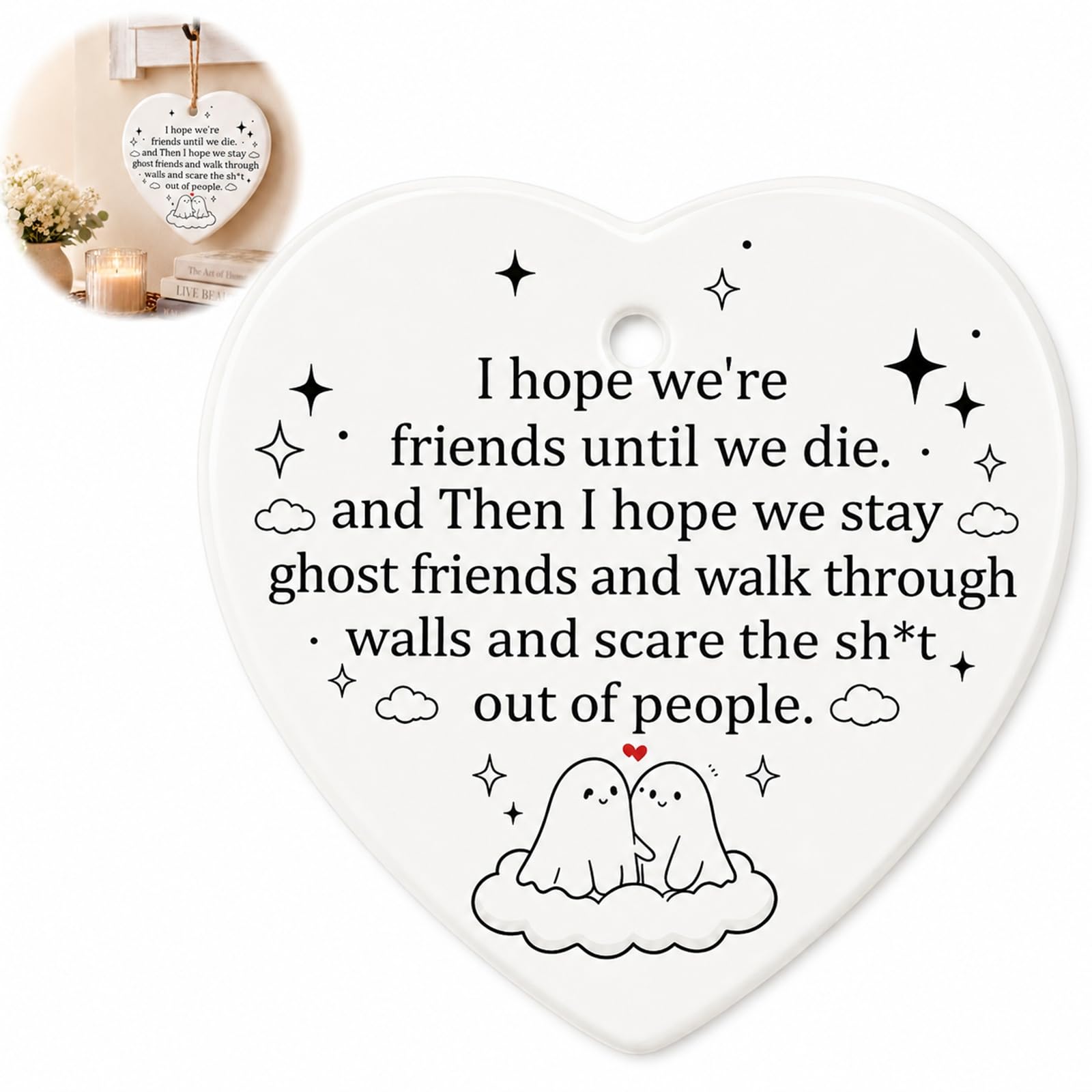 Ceramic Hanging Heart Friendship Ornament, White, 1 Ornament With Cord — image 1