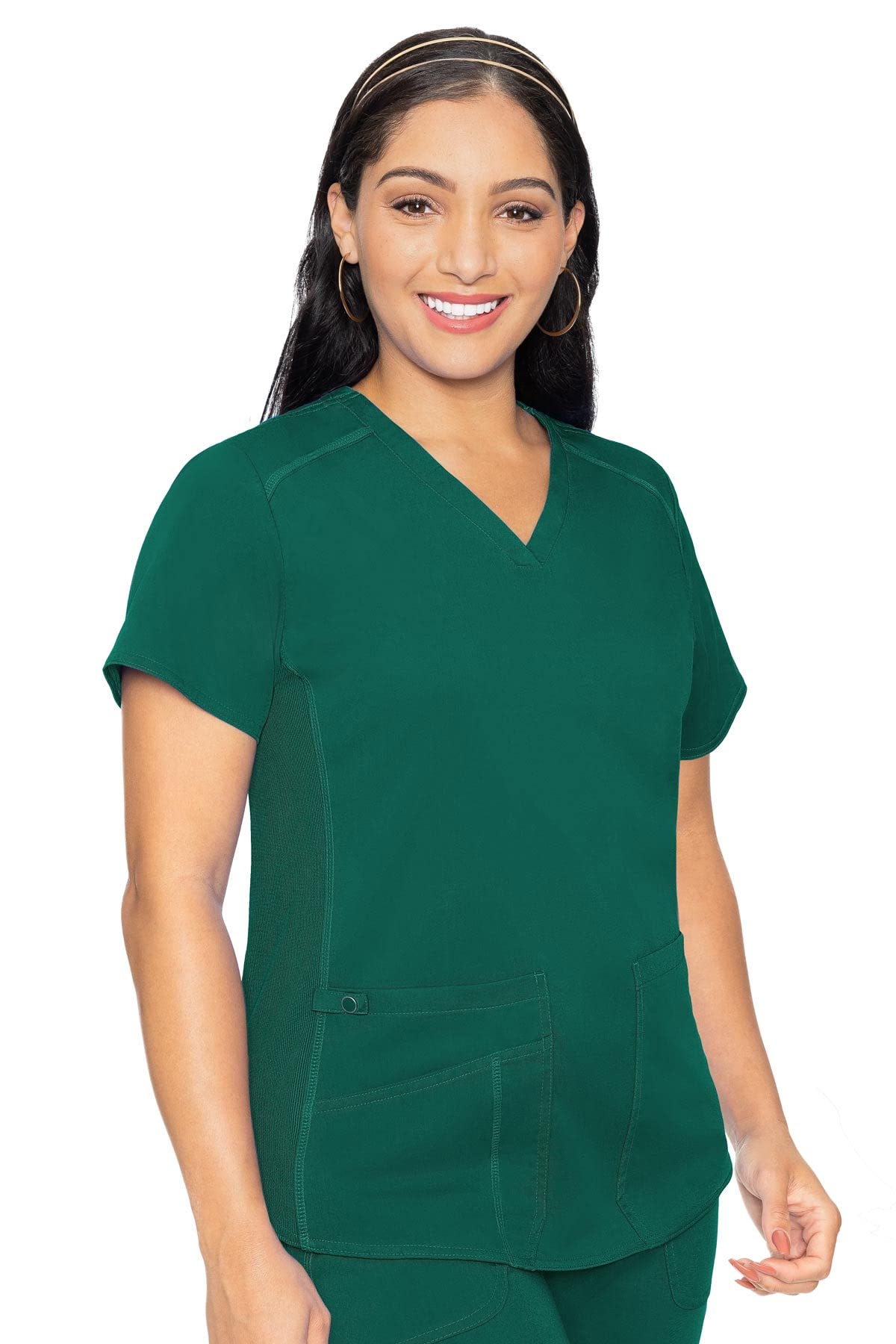 Med Couture V-Neck Scrub Top for Women with 4 Pockets, Rib-Knit Side Panel, and Shirttail Hem MC7459