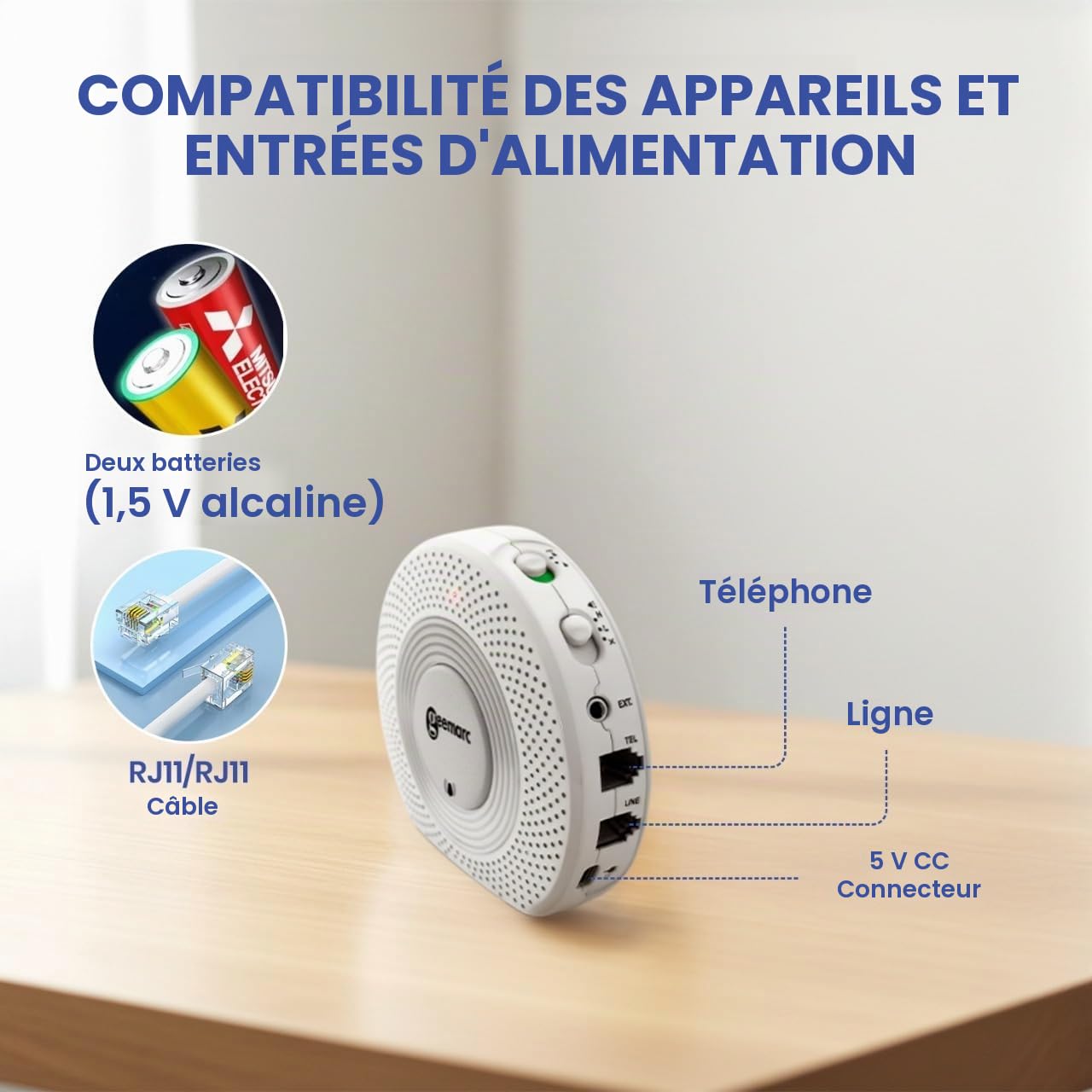 Geemarc Amplicall 110 - Amplificateur de Sonnerie de Téléphone Fixe avec Alarme Puissante et Flash Lumineux - Compatible avec Une Gamme d’Avertisseurs pour la Maison à Destination des Malentendants
