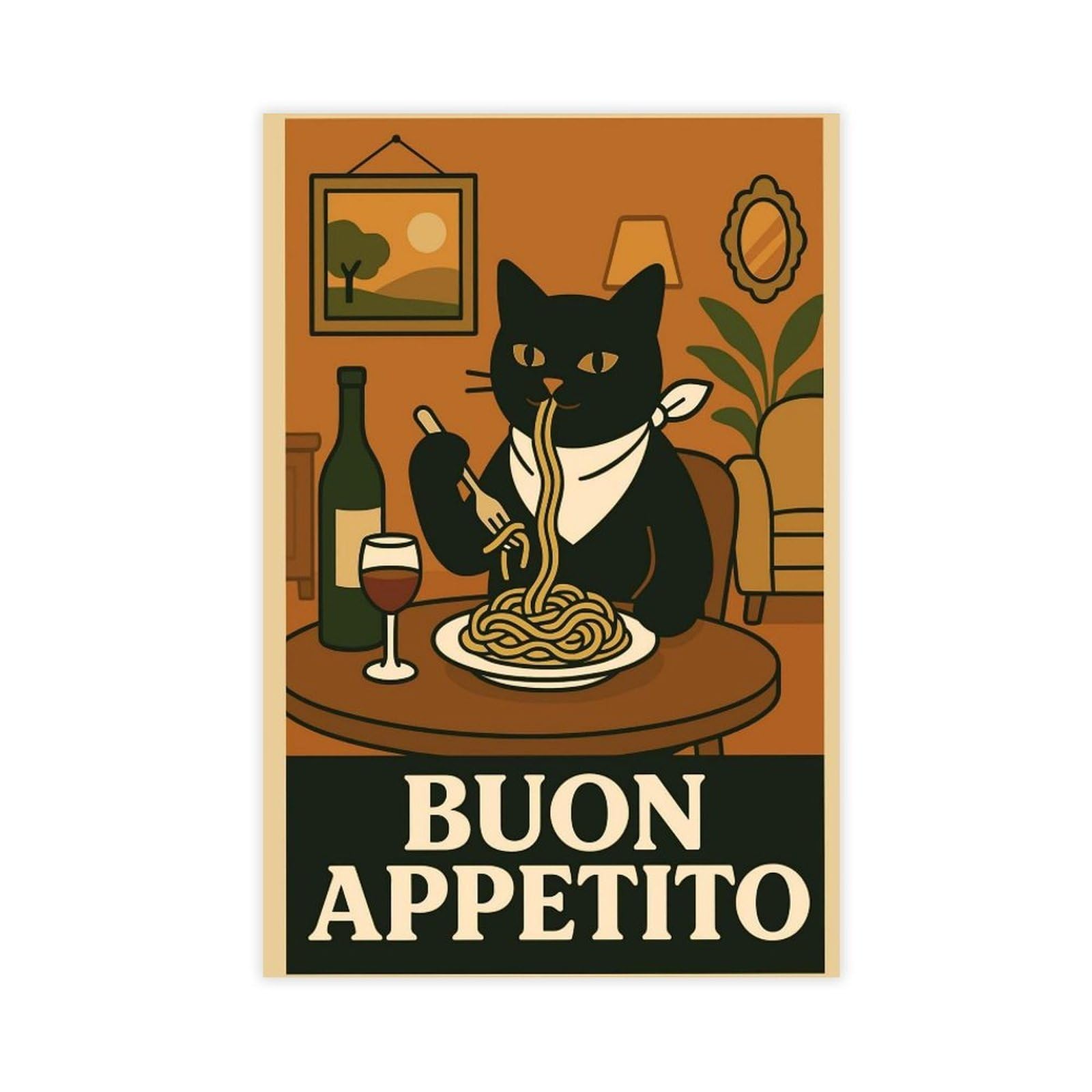 FVKFVK Buon Appetito Cat Retro Italian Kitchen Funny Black Cat Canvas Poster Bedroom Decor Landscape Office Room Decor Gift 12" L X 18" W