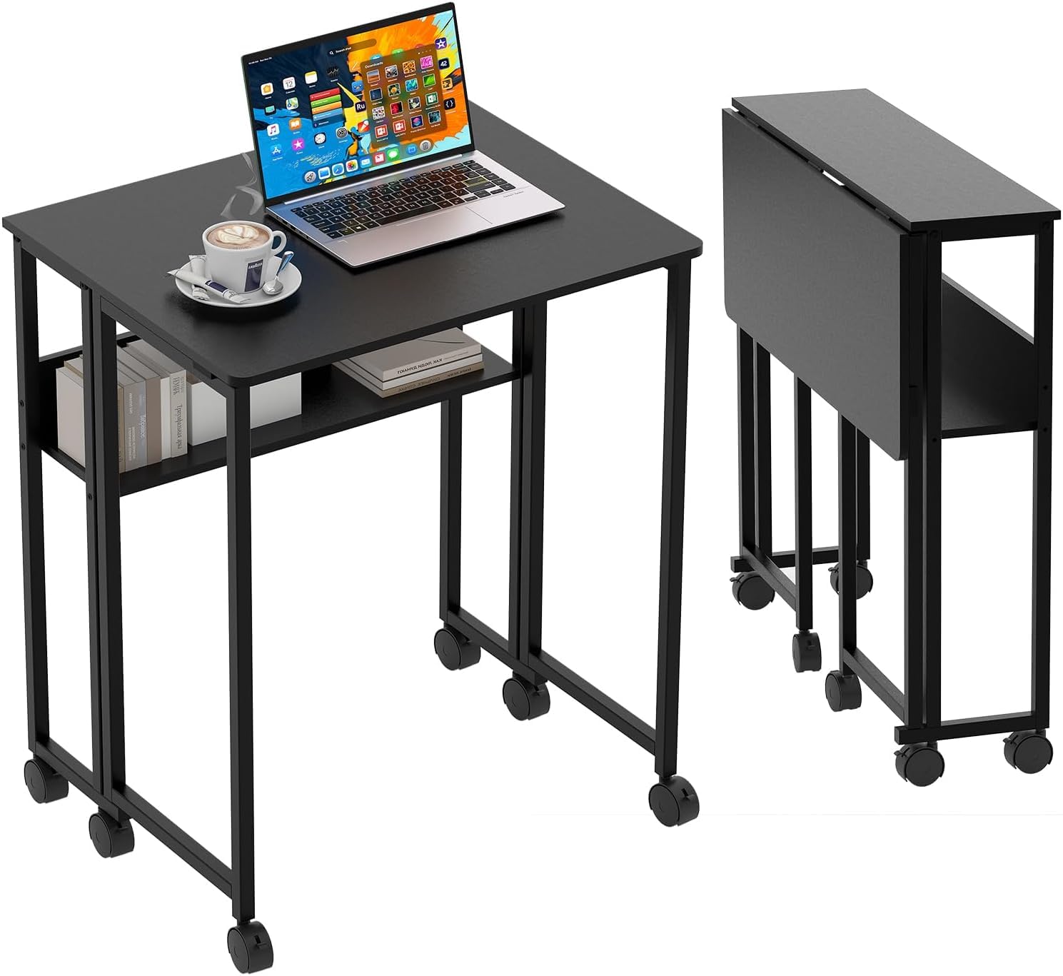 Aptliton Folding Desk, No Assembly Small Computer Desk, 80cm Portable Foldable Table for Small Spaces, Sturdy Home Office Writing Workstation for Bedroom, Study, Students (Black)