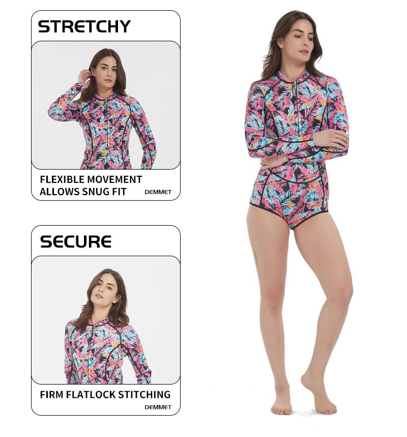 DEMMET Neoprene Long Sleeve Wetsuit 1.5mm-3mm Shorty Wetsuit Zipper Bikini Wetsuit Pink Printed Women's Sunscreen Diving Suit for Snorkeling Swimming Water Sports Kayaking (3mm Pink, XX-Large)