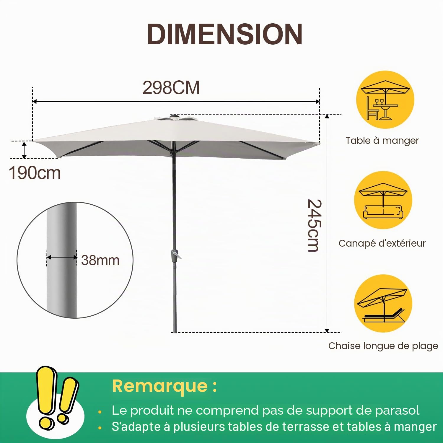 Daromigo Parasol rectangulaire - 210 x 140 / 300 x 200 cm - Avec manivelle - Protection solaire UV50+, pliable à 30 °C - Parasol de jardin imperméable pour jardin, sans support