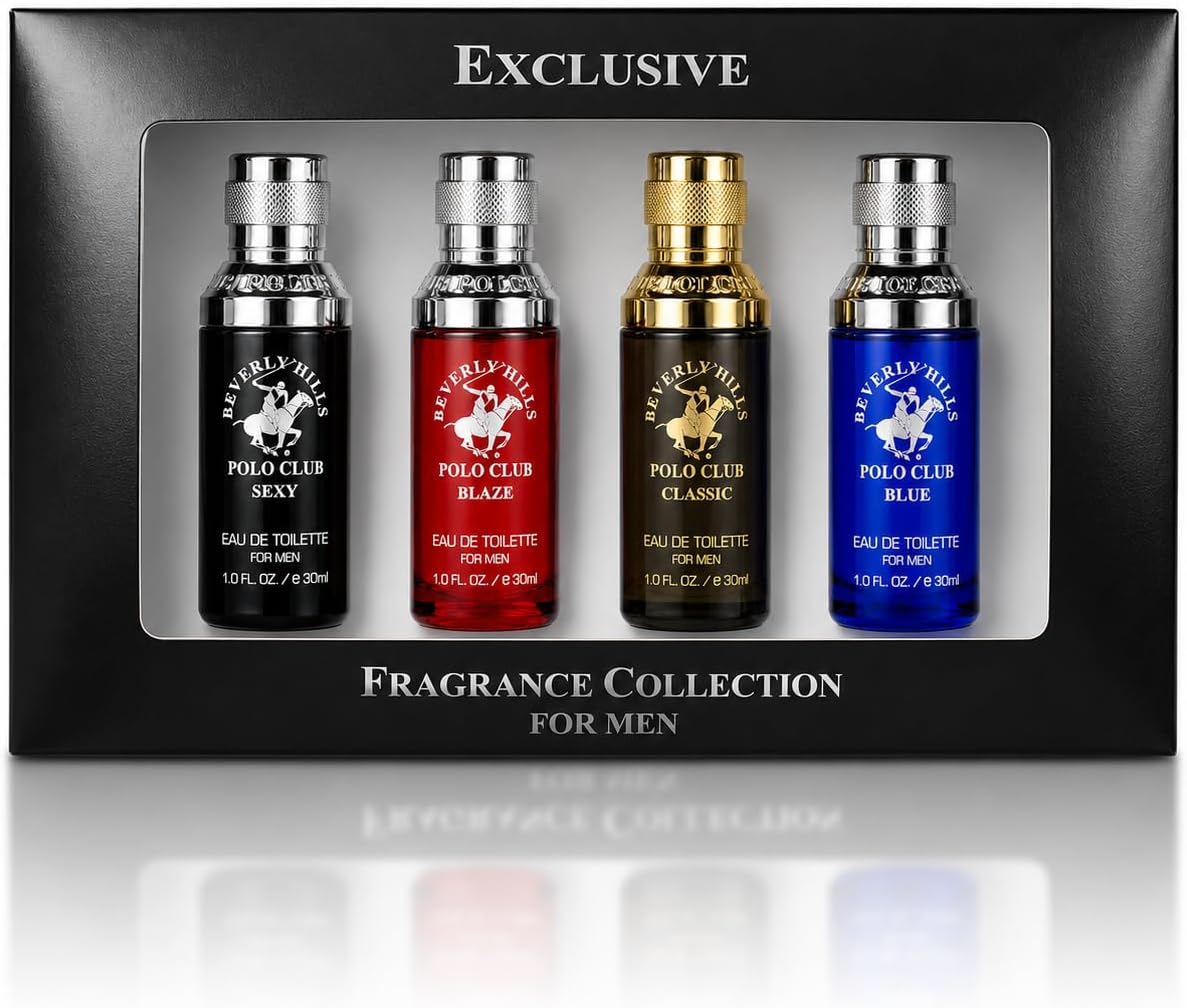 Beverly Hills Polo Club Men's Fragrance Collection - 4 Premium Eau de Toilette Colognes (1oz Each) - Diverse, Long-Lasting Scents: Blaze, Sexy, Classic & Blue - Ideal Gift Set for Him