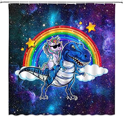 Children Shower Curtain Unicorn Riding Dinosaur Funny Cartoon Fantasy Animal Rainbow Cloud Mysterious Outer Space Universe Fantasy Galaxy Adventure Bath Decor Polyester with Hook