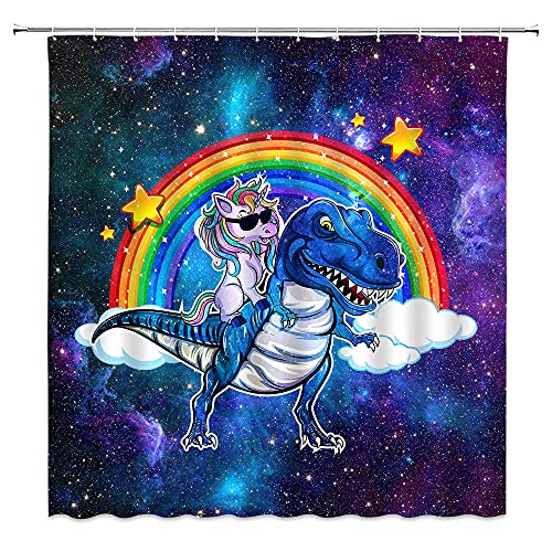 Children Shower Curtain Unicorn Riding Dinosaur Funny Cartoon Fantasy Animal Rainbow Cloud Mysterious Outer Space Universe Fantasy Galaxy Adventure Bath Decor Polyester With Hook #TOP7