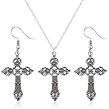 ONLYJUMP Gothic Cross Earrings Necklace Set for Women Vintage Silver Vampire Cross Necklace Earrings Punk Style Funny Exaggerated Alternative Personality Cross Jewelry Set Halloween Clothing Accessories Gift