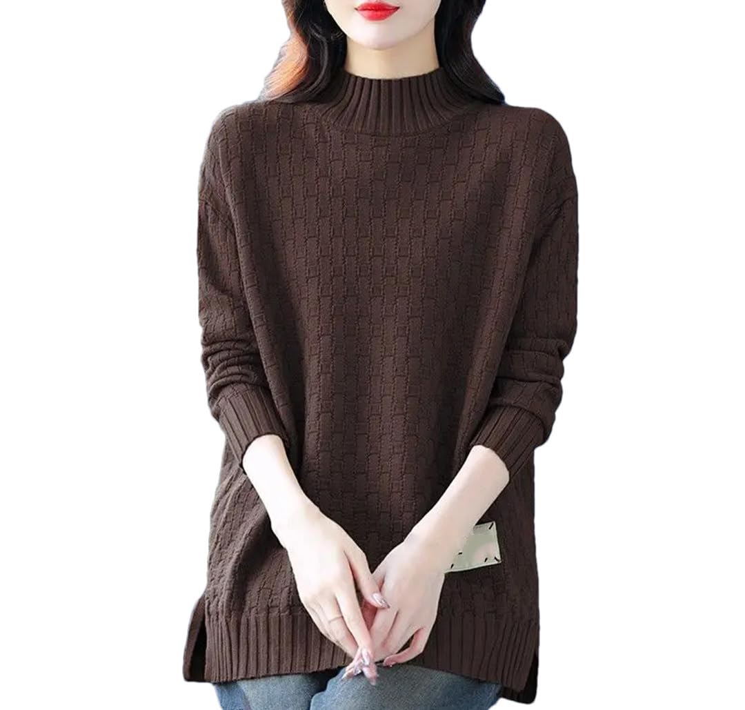 Lässiger Damen-Pullover, locker, mittellang, dick, gestrickt, hoher Kragen, solider Pullover