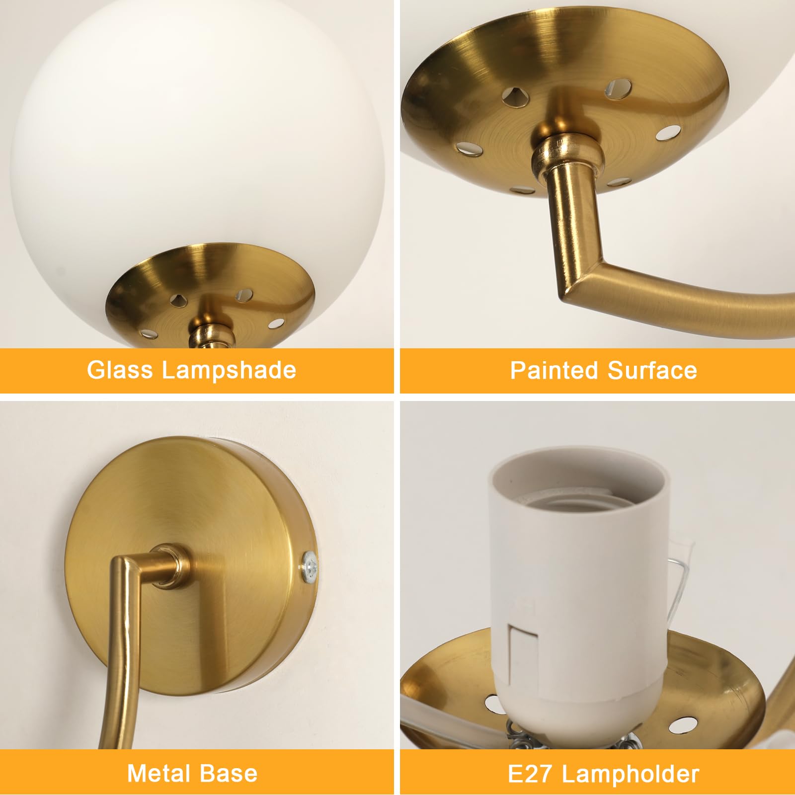 Goeco Applique da Parete Interno Oro, E27 Lampada da Parete di Sfera Vetro Moderna, Lampada a Muro a Forma di Lanterna per Camera da letto, Soggiorno, Corridoio, Senza Lampadina, Paralume Dia.15 cm