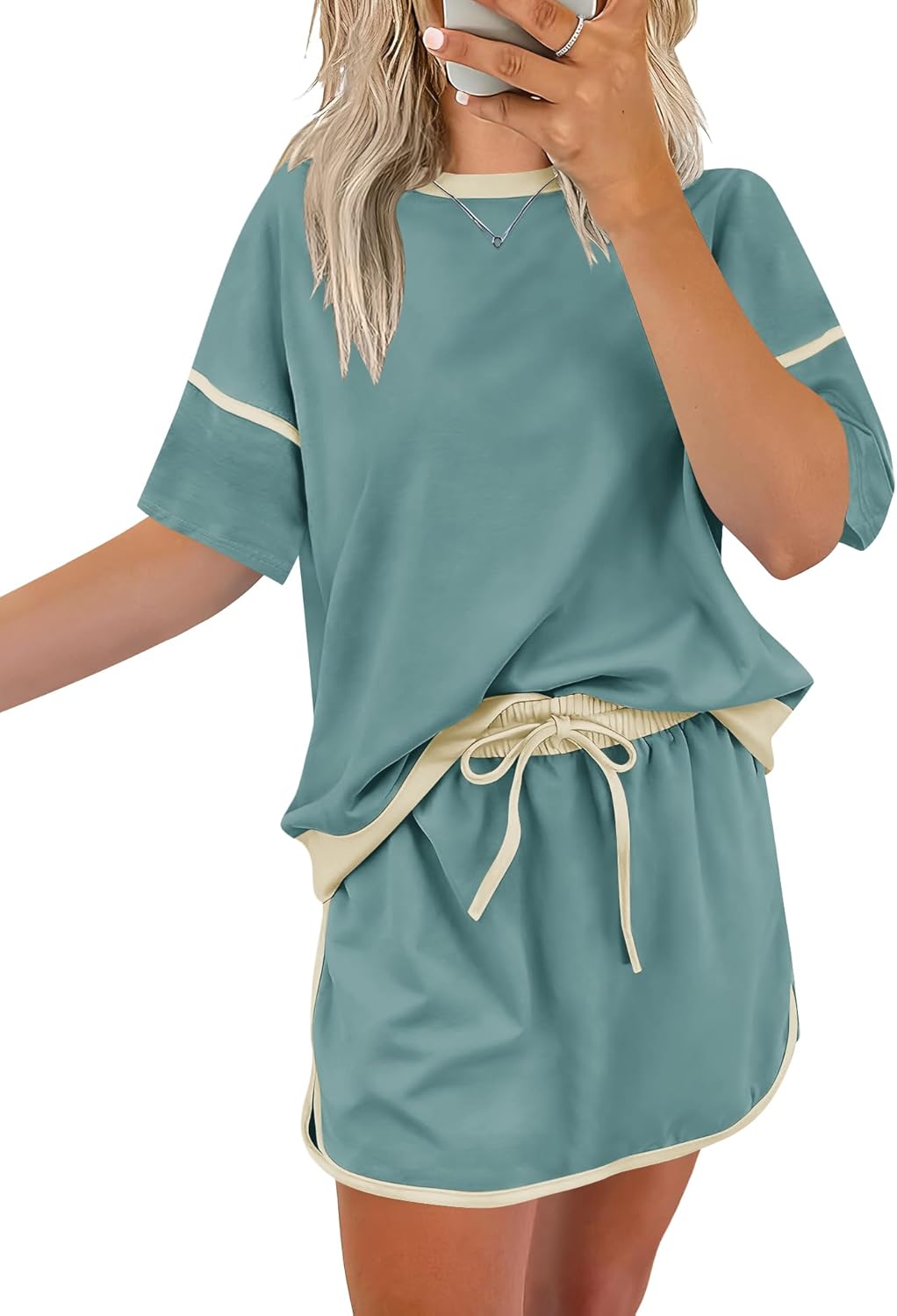 Rapbin Women's 2 Piece Sets Summer Casual Short Sleeve Tops Matching Drawstring Mini Skirt Going Out Lounge Outfits