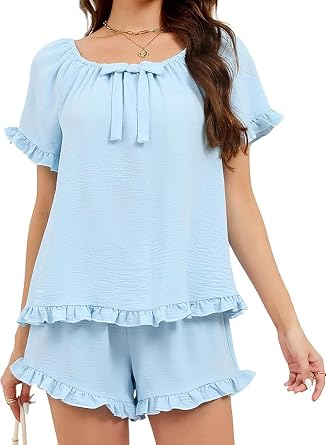 Womens Ruffle Pajama Set Short Sleeve Sleepwear with Bow Tie Lightweight Loungewear Shorts Set for Summer